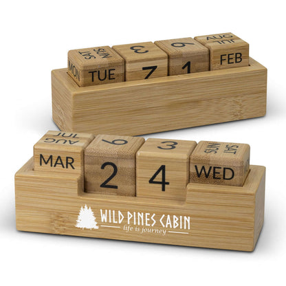 Bamboo Calendar featuring interchangeable blocks for days and months, perfect as a corporate gift.