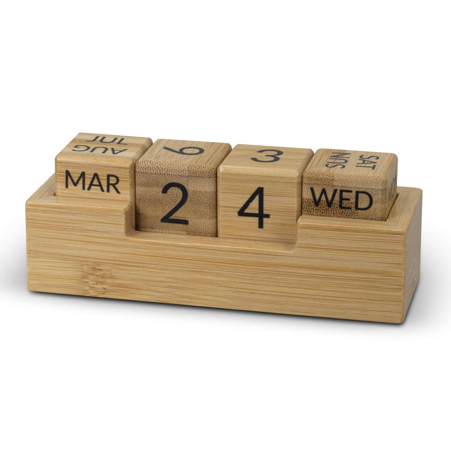 Bamboo Calendar with interchangeable blocks displaying the date and month, made from sustainable bamboo material.