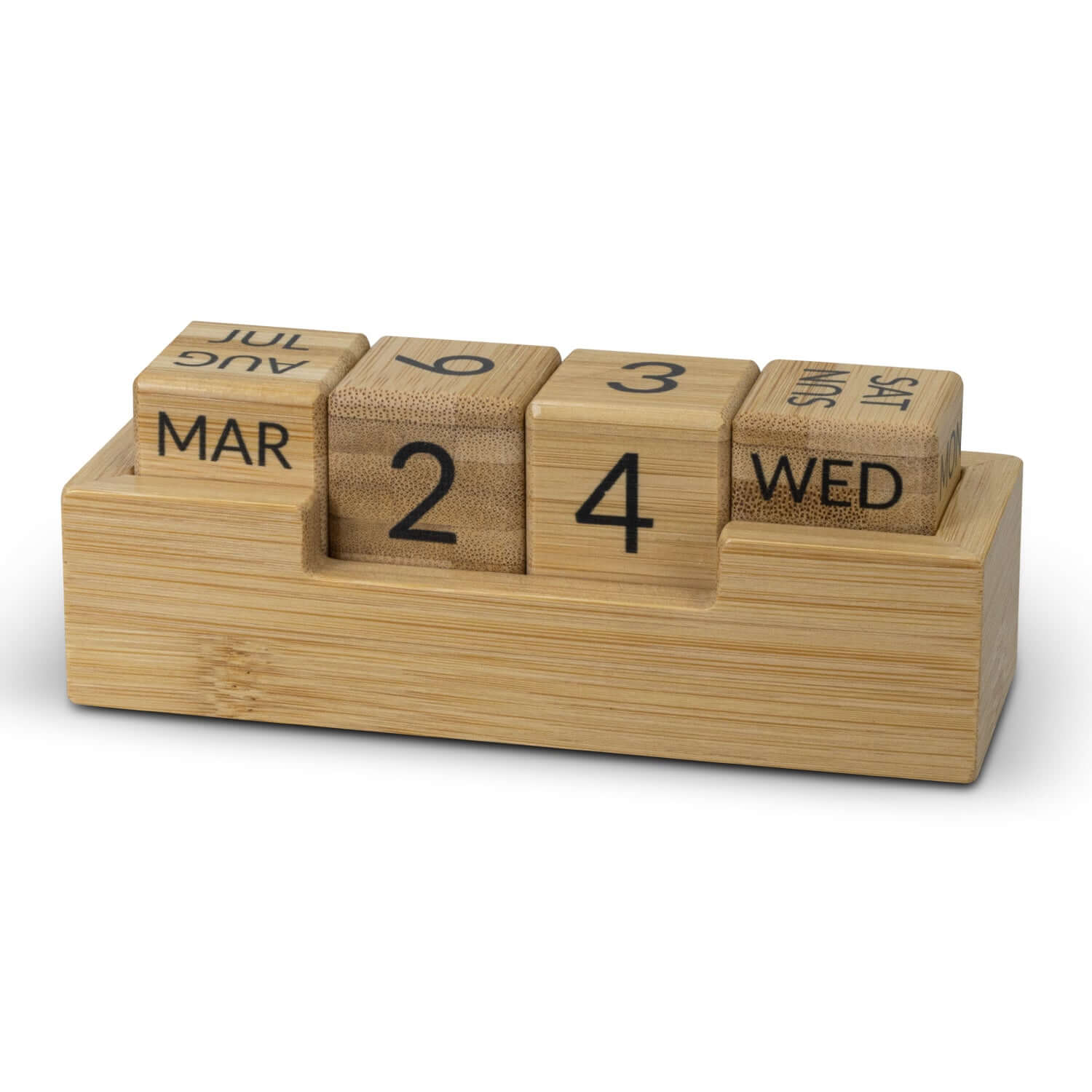 Bamboo Calendar with interchangeable blocks displaying the date and month, made from sustainable bamboo material.