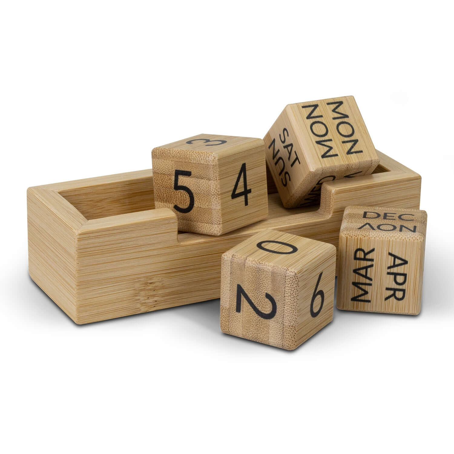 Bamboo Calendar with interchangeable blocks for days and months, eco-friendly corporate gift, stylish workspace decoration.