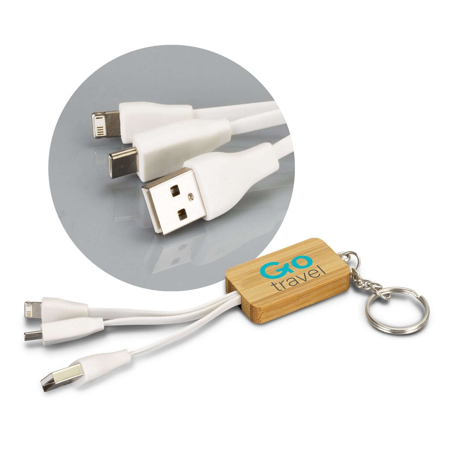 Bamboo Charging Cable Key Ring - Rectangle with USB and charging connectors, perfect corporate gift for travelers.