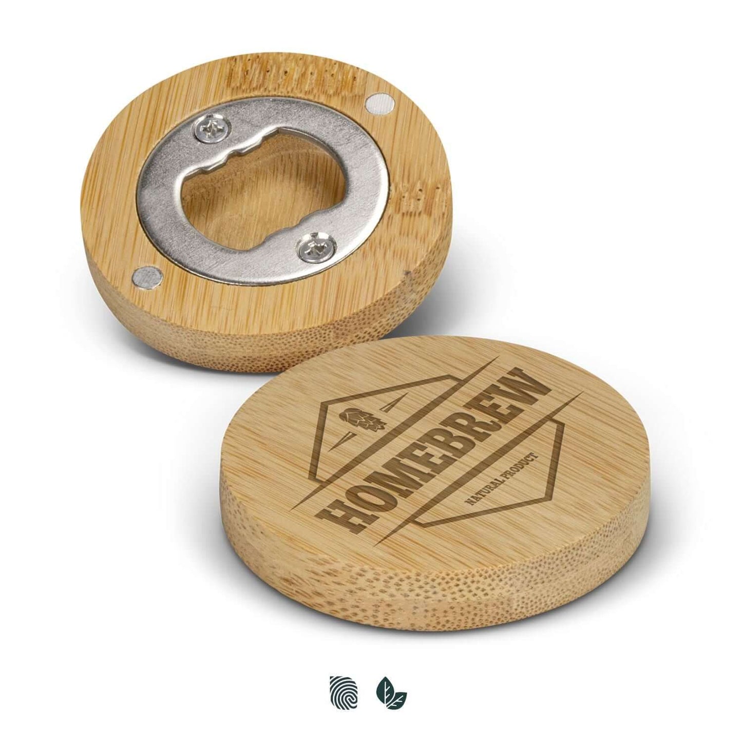 Bamboo Bottle Opener with stainless steel cap, perfect eco-friendly corporate gift.