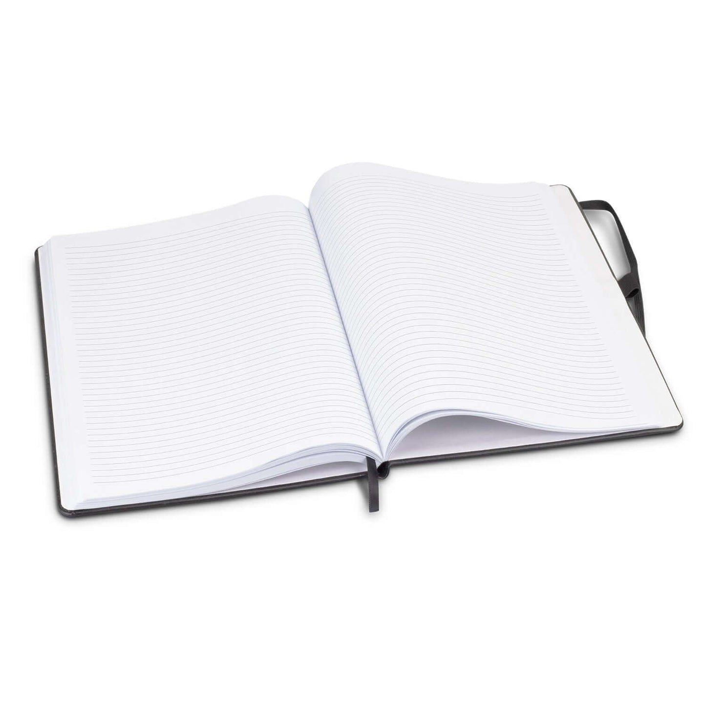 Open pages of the Kingston Hardcover Notebook Large showcasing lined paper, perfect for notes and corporate gift.