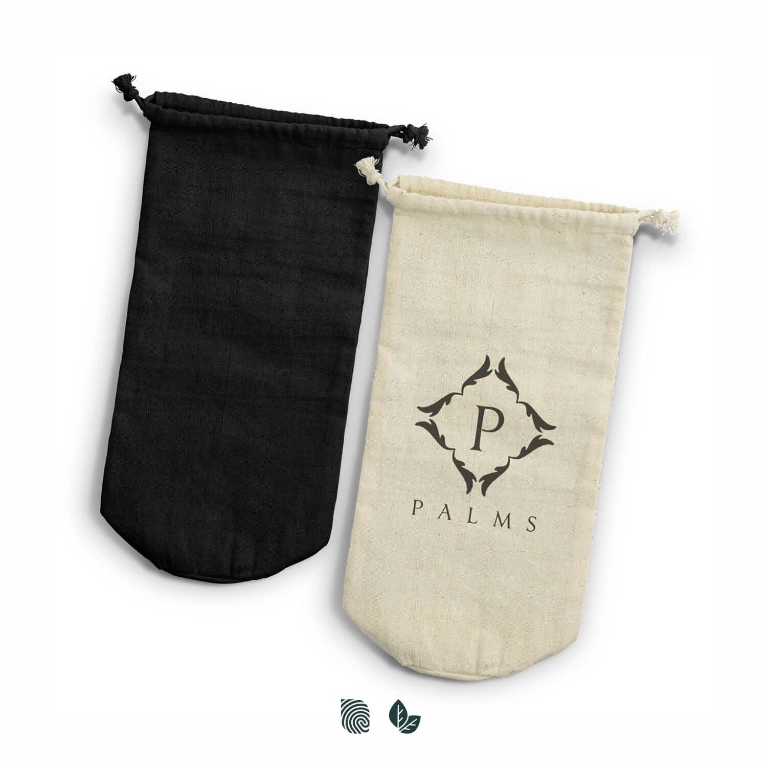 Cotton Bottle Gift Bag in black and white, eco-friendly with logo, perfect for corporate gift giving.
