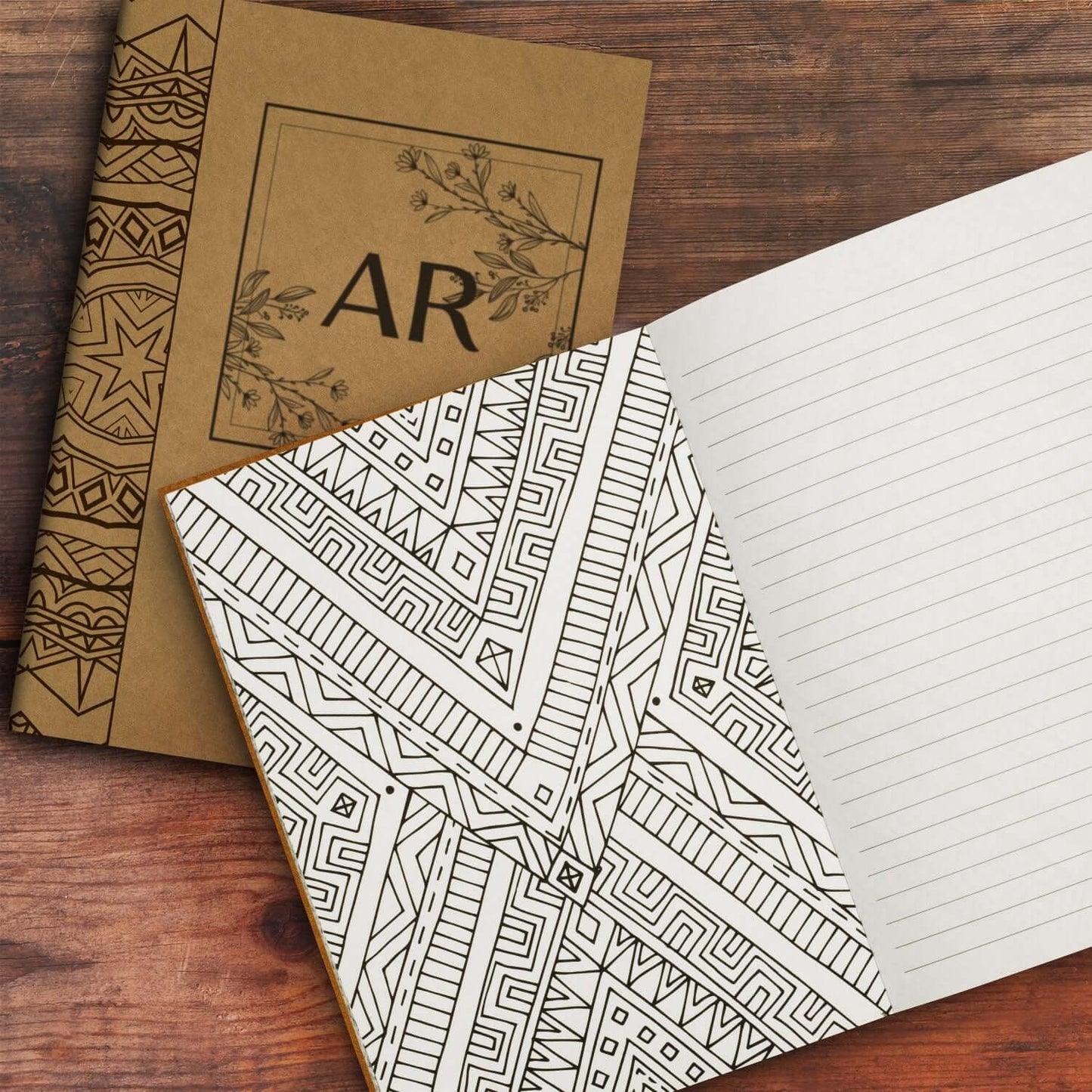 Mindfulness Notebook showcasing a kraft cover and patterned coloring pages for a corporate gift.