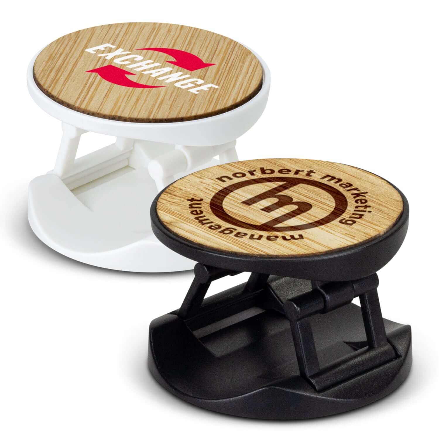 Bamboo Phone Holder in black and white with logo for corporate gift, stylish and functional mobile accessory.