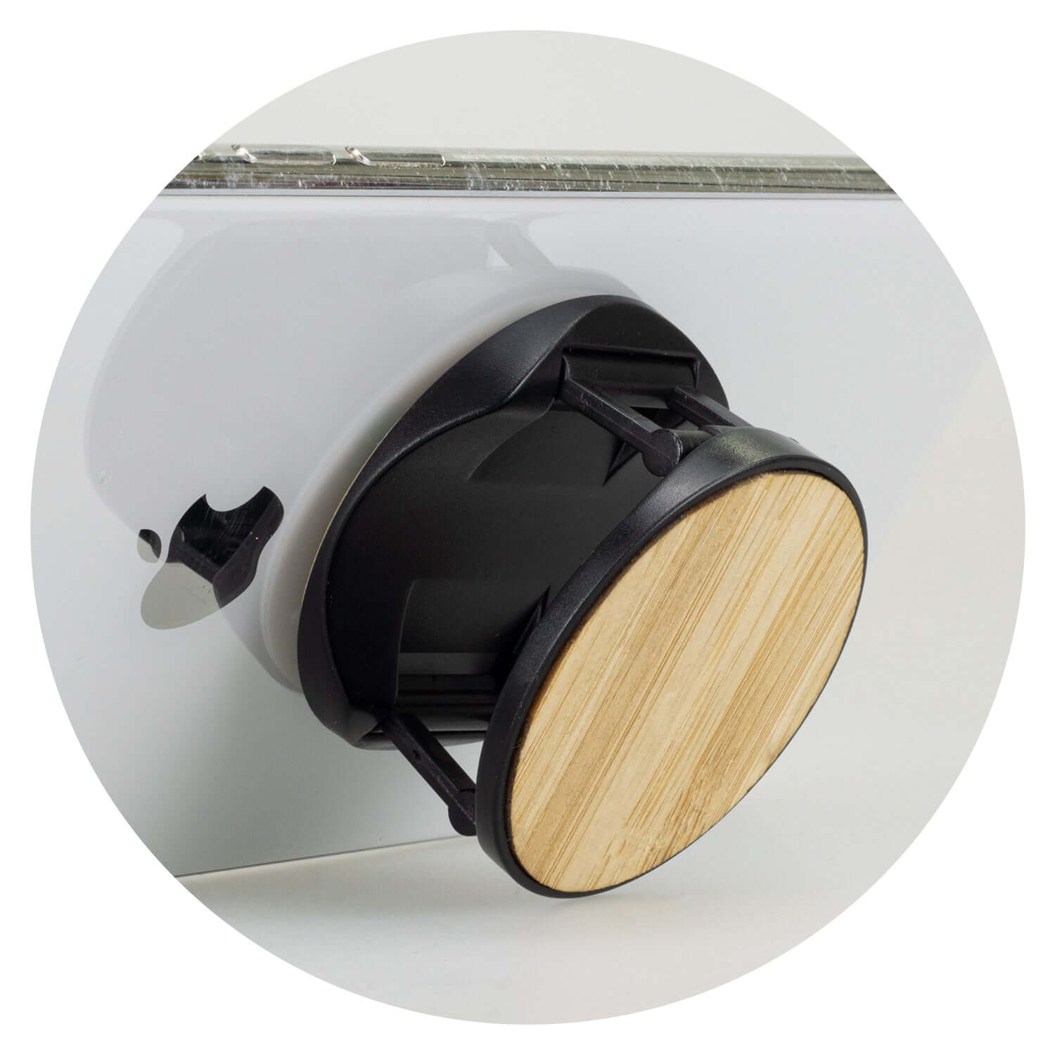 Bamboo Phone Holder attached to a mobile device, showcasing its sleek design and secure grip for easy usage.