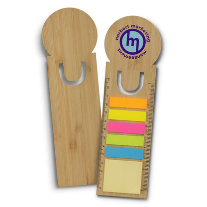 Bamboo Ruler Bookmark Round with sticky notes and flags, perfect for students and as a corporate gift.