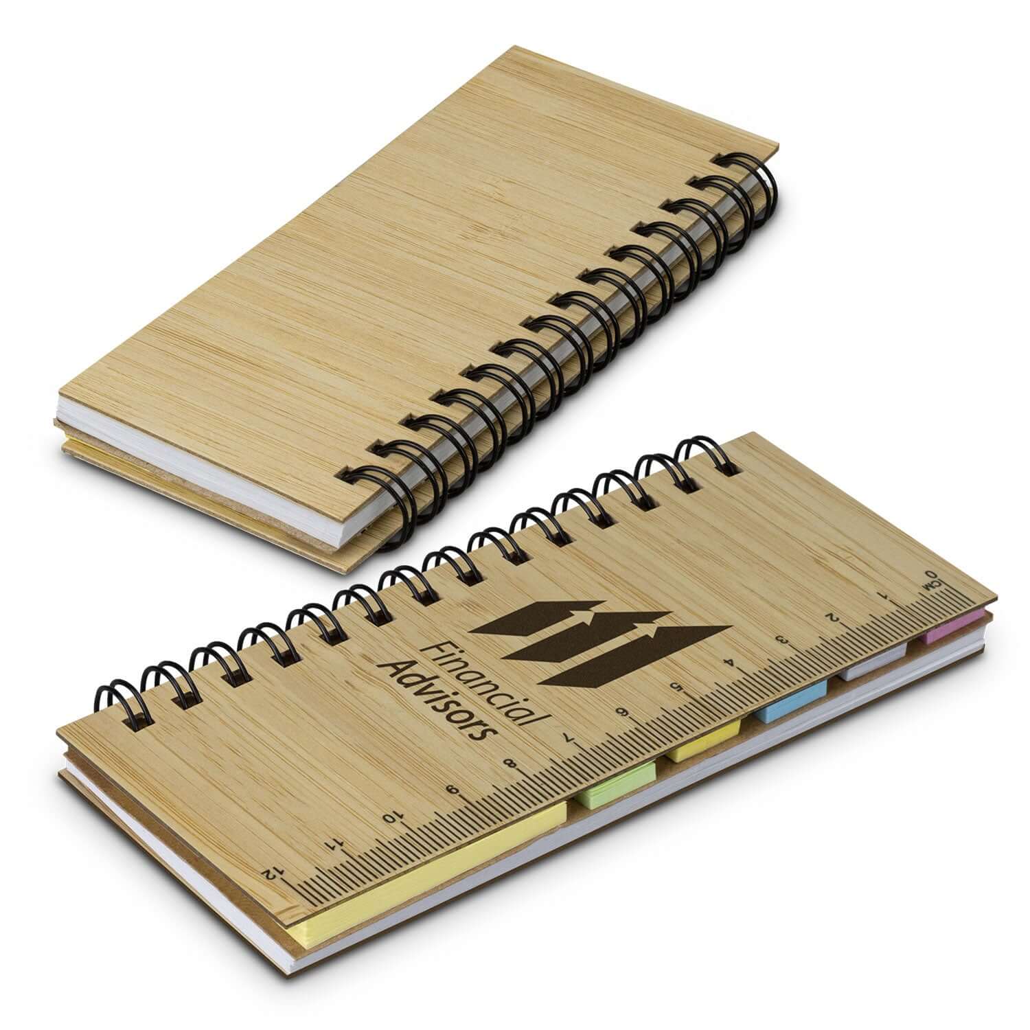Bamboo Sticky Note Wallet featuring a spiral design, lined pages, and colorful adhesive flags, ideal corporate gift.