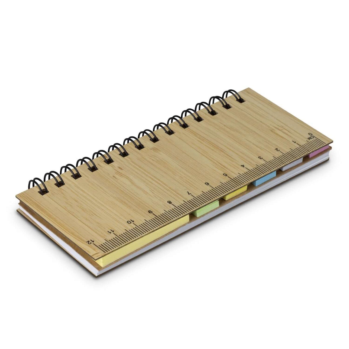 Bamboo Sticky Note Wallet with colorful adhesive flags and a ruler design, perfect for note-taking and corporate gifts.