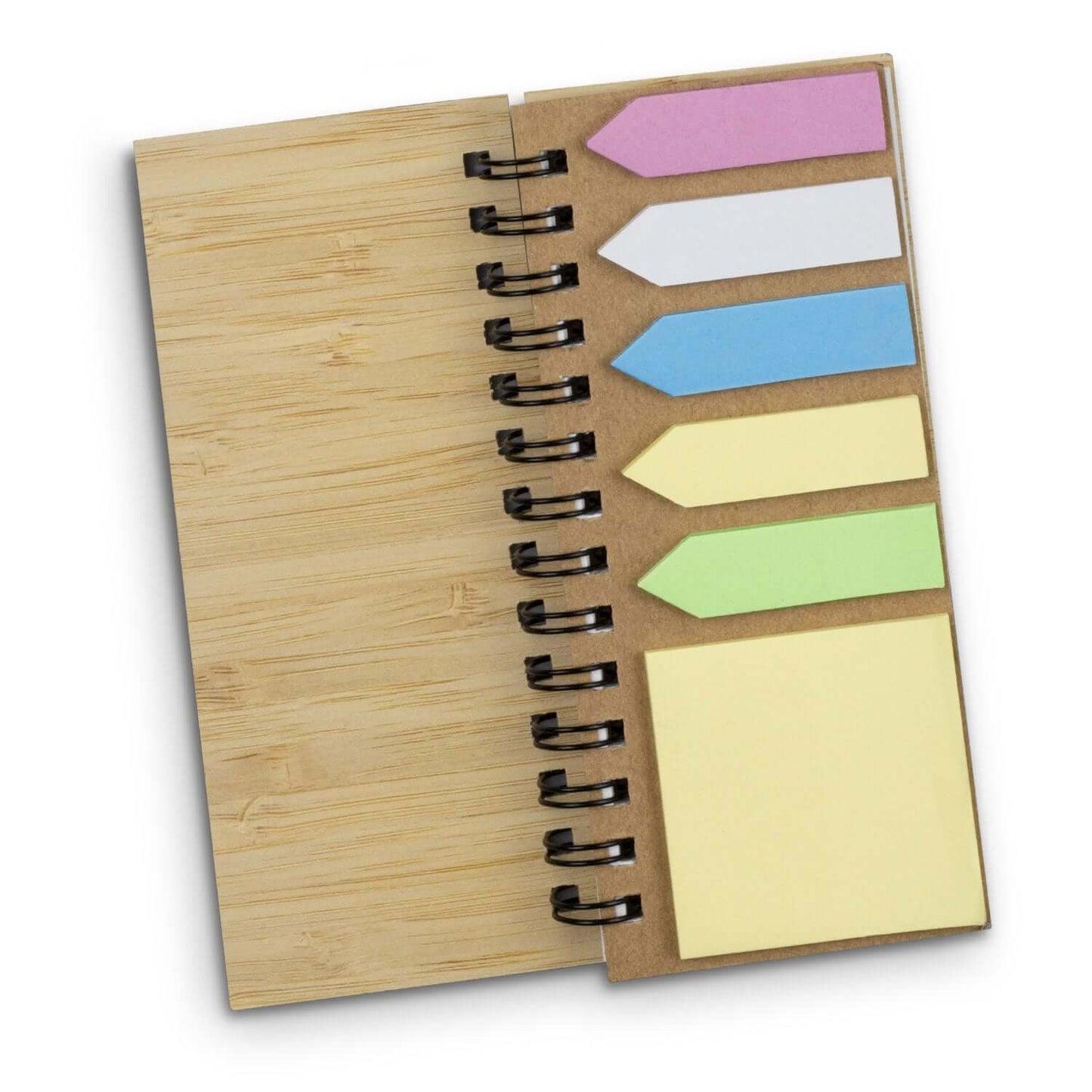 Bamboo Sticky Note Wallet with colorful adhesive flags and notebook inside, eco-friendly corporate gift.