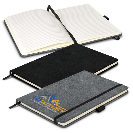 RPET Felt Hard Cover Notebook in gray and black, featuring lined pages, eco-friendly design, ideal for corporate gift.