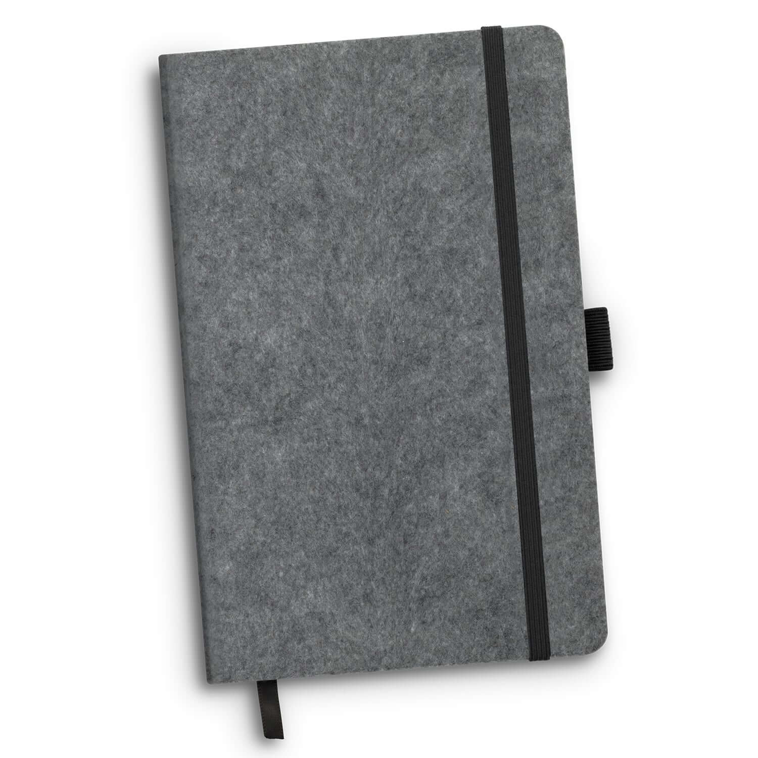 RPET Felt Hard Cover Notebook with a grey felt cover and black elastic strap, ideal corporate gift for eco-conscious consumers.