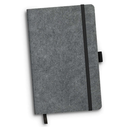 RPET Felt Hard Cover Notebook with a grey felt cover and black elastic strap, ideal corporate gift for eco-conscious consumers.