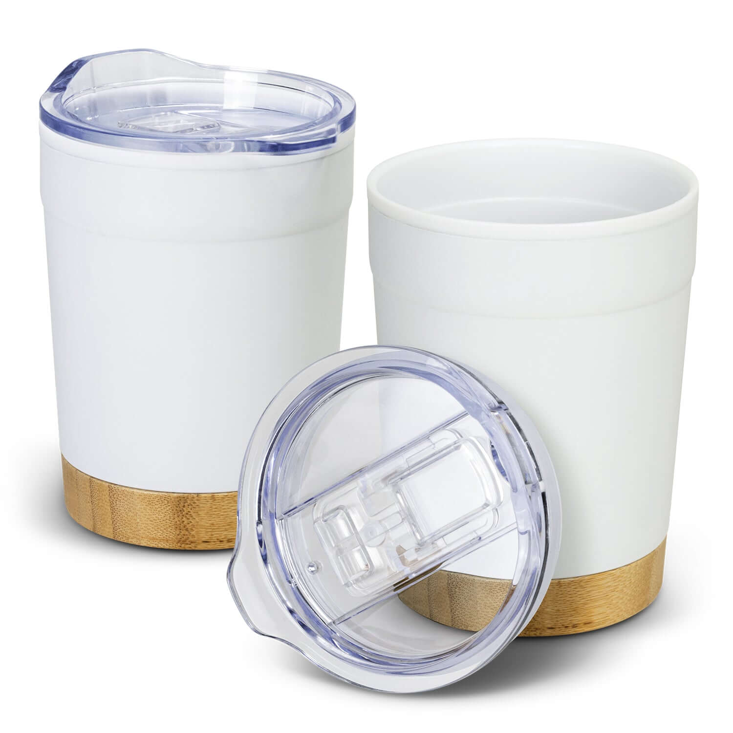 Valetta Double Wall Cup with natural bamboo base and clear lid, perfect as a stylish corporate gift.