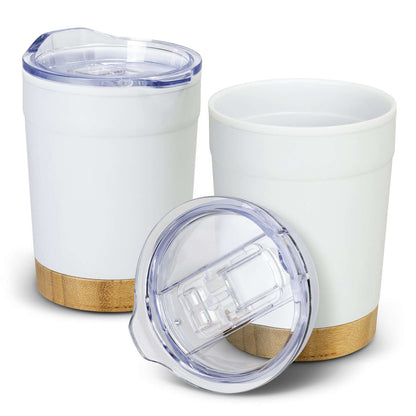 Valetta Double Wall Cup with natural bamboo base and clear lid, perfect as a stylish corporate gift.