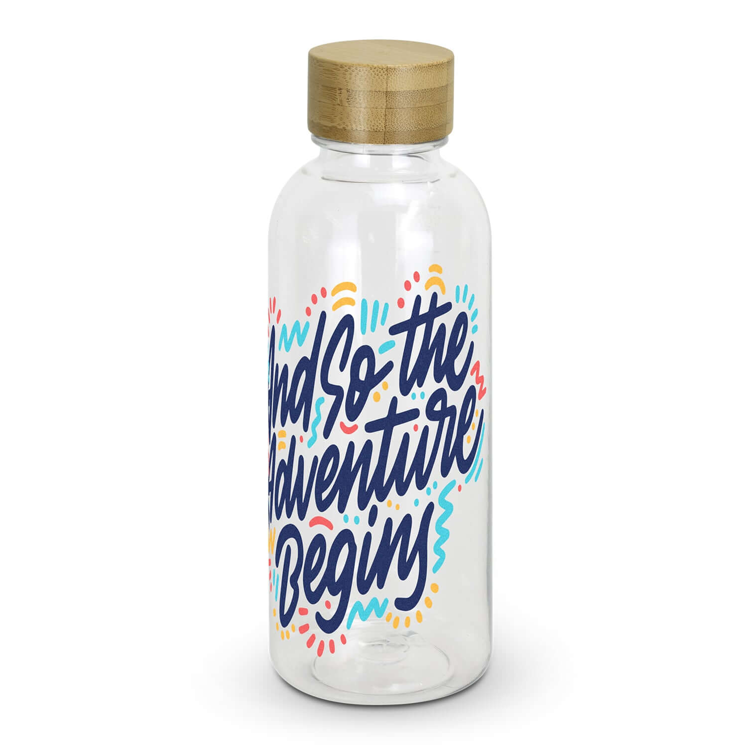 RPET Bottle with bamboo lid and colorful adventure-themed design for eco-friendly hydration.