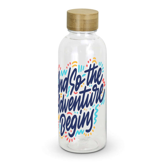 RPET Bottle with bamboo lid and colorful adventure-themed design for eco-friendly hydration.