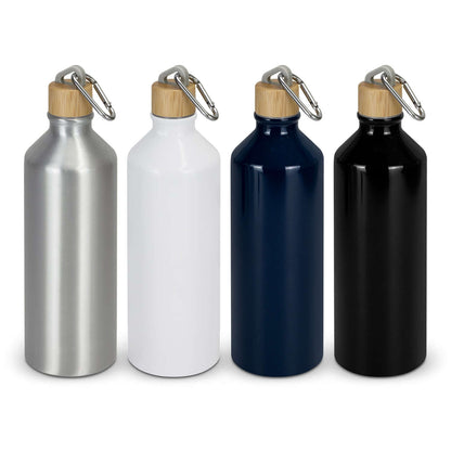 Dante Aluminium Bottle in silver, white, navy, and black with bamboo lids and carabiners, perfect corporate gift.
