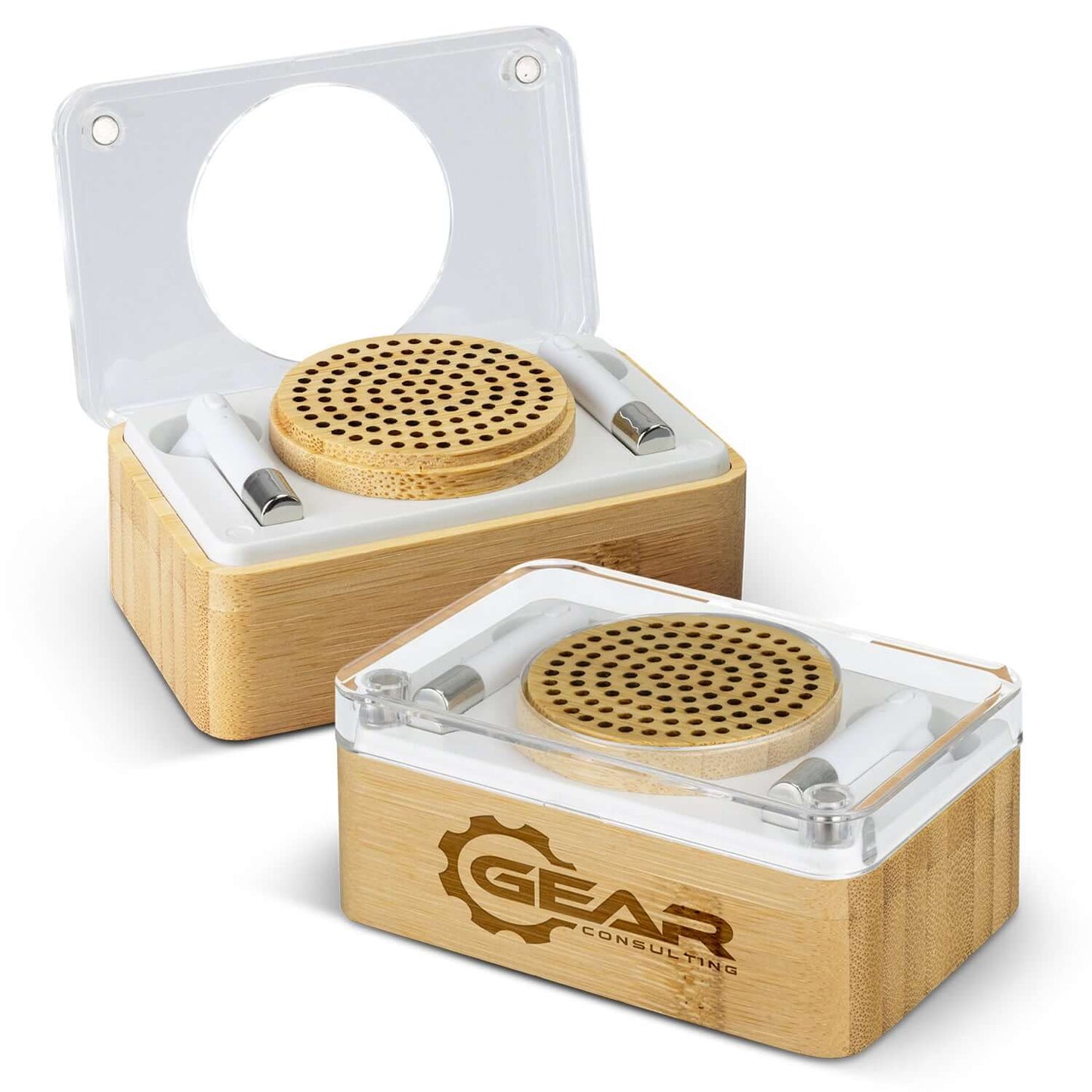 Bamboo Wireless Speaker & Earbud Set presented in stylish eco-friendly case, ideal corporate gift