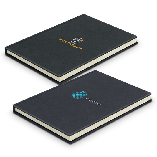 Recycled Cotton Hard Cover Notebook featuring logo designs, sleek black cover, ideal as a corporate gift.