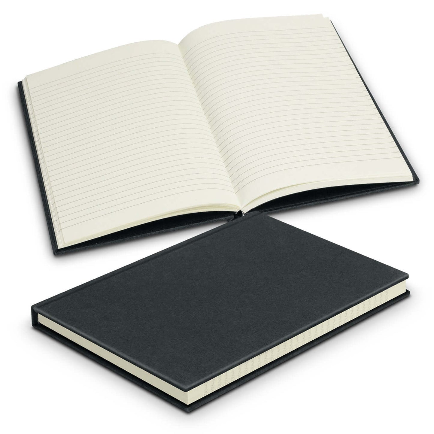 Recycled Cotton Hard Cover Notebook open with lined pages, showcasing eco-friendly design and sturdy hardcover.