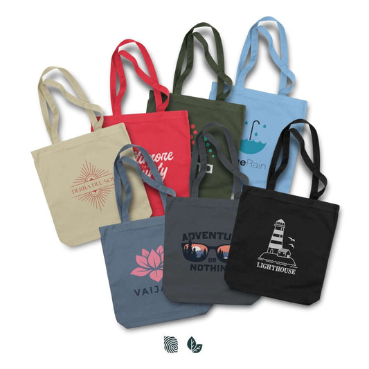 California Canvas Tote Bag assortment in various colors and designs, perfect for everyday use as a corporate gift.