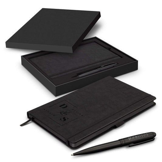 Onyx Writing Set featuring a medium-sized notebook and matte black ballpoint pen, perfect as a corporate gift.