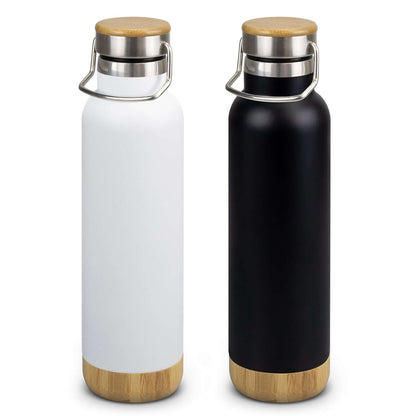 Nomad Vacuum Bottle - Bambino in white and black with bamboo trim, ideal as a stylish corporate gift.