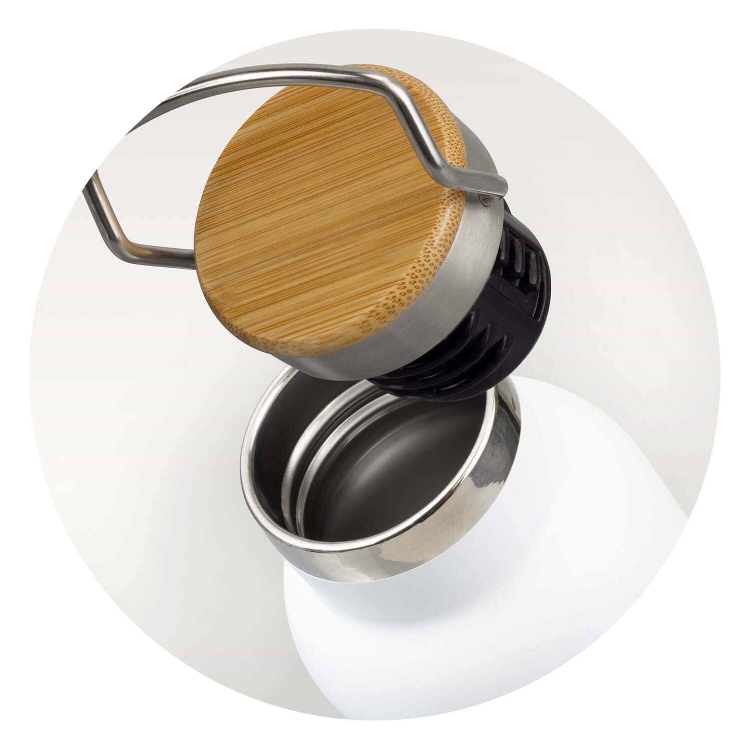 Nomad Vacuum Bottle - Bambino showing the bamboo lid and stainless steel interior, ideal for a corporate gift.