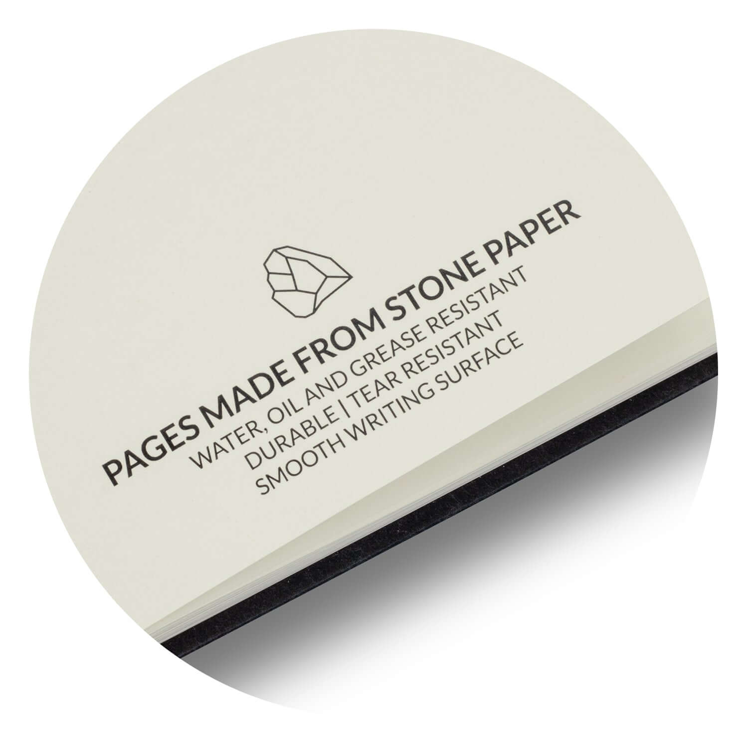 Petros Stone Paper Notebook showing pages made from stone paper that are water, oil, and grease resistant.
