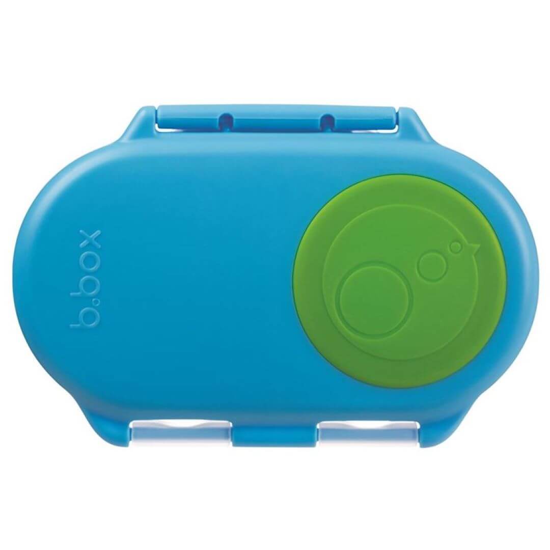 B BOX Snackbox in blue with a green lid, perfect for on-the-go snacks and corporate gifts.