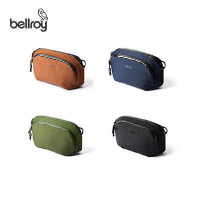 Four Bellroy Venture Pouch bags in different colors, ideal for organization and as a corporate gift.
