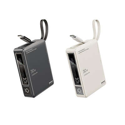 Remax RPP-86 30W Powerbank with Cable 10000mAh in black and white, ideal corporate gift for on-the-go charging.