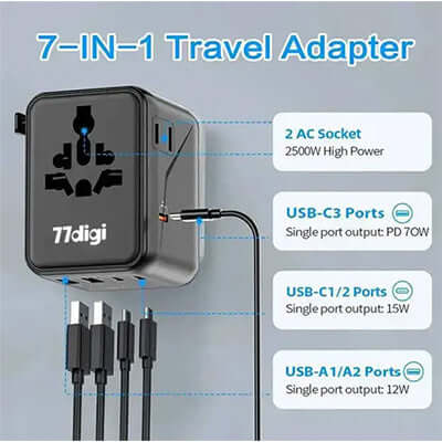 77digi 70W 3 Type-C + 2 USB Travel Adapter WWA70 with multiple charging ports and versatility.