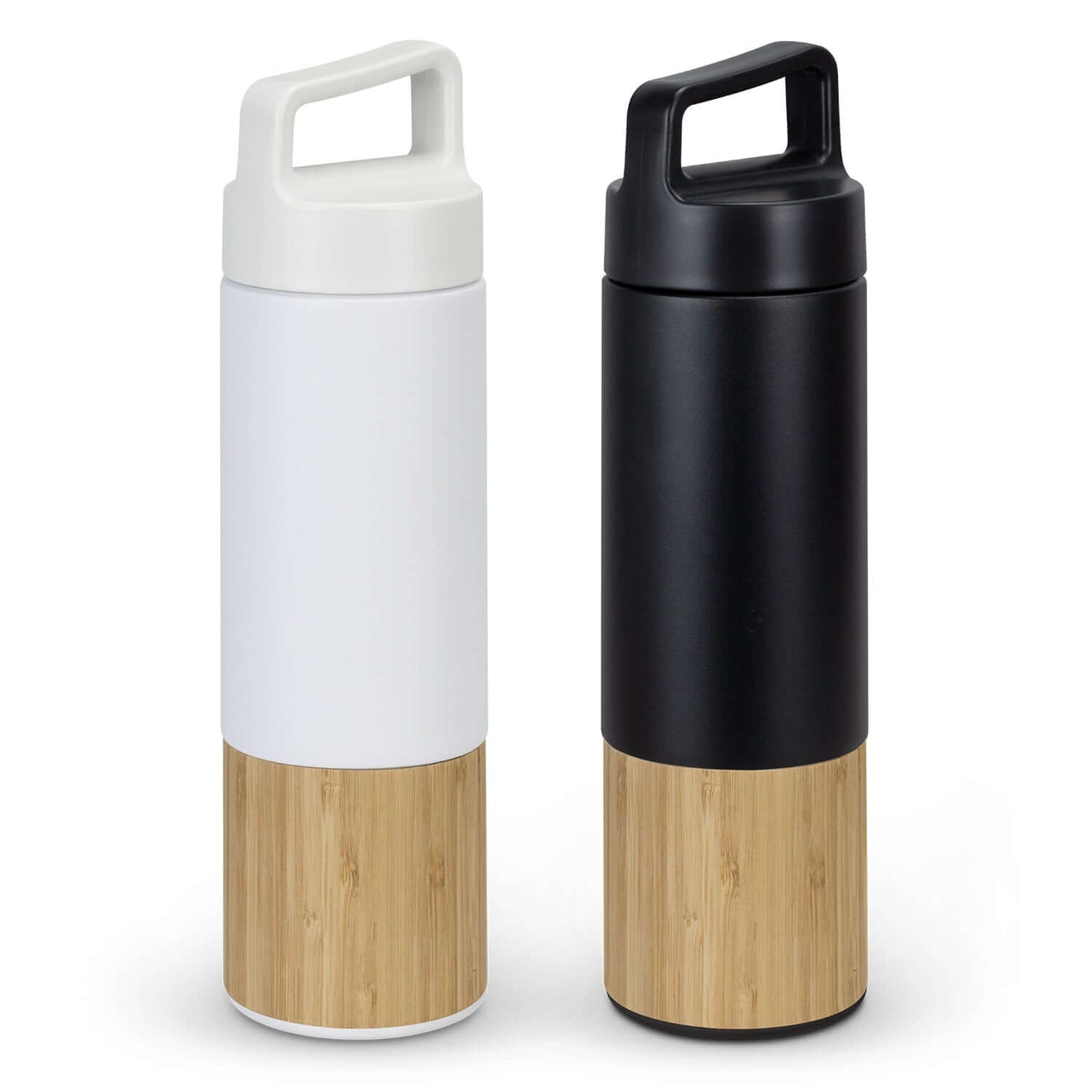 Mica Vacuum Bottle in white and black with bamboo trim, perfect for corporate gifts and keeping beverages hot or cold.