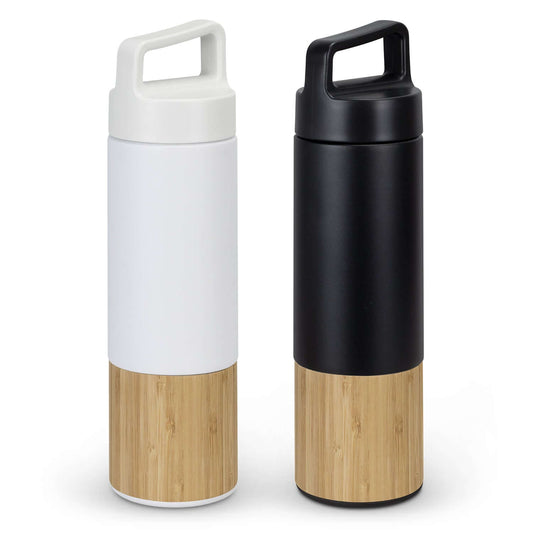 Mica Vacuum Bottle in white and black with bamboo trim, perfect for corporate gifts and keeping beverages hot or cold.