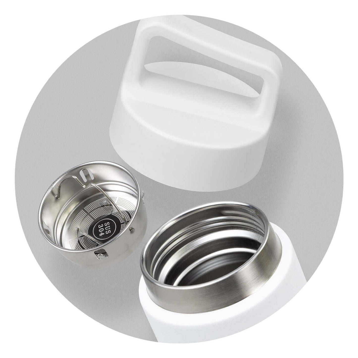 Mica Vacuum Bottle components showcasing the removable stainless steel tea infuser and lid for beverages.