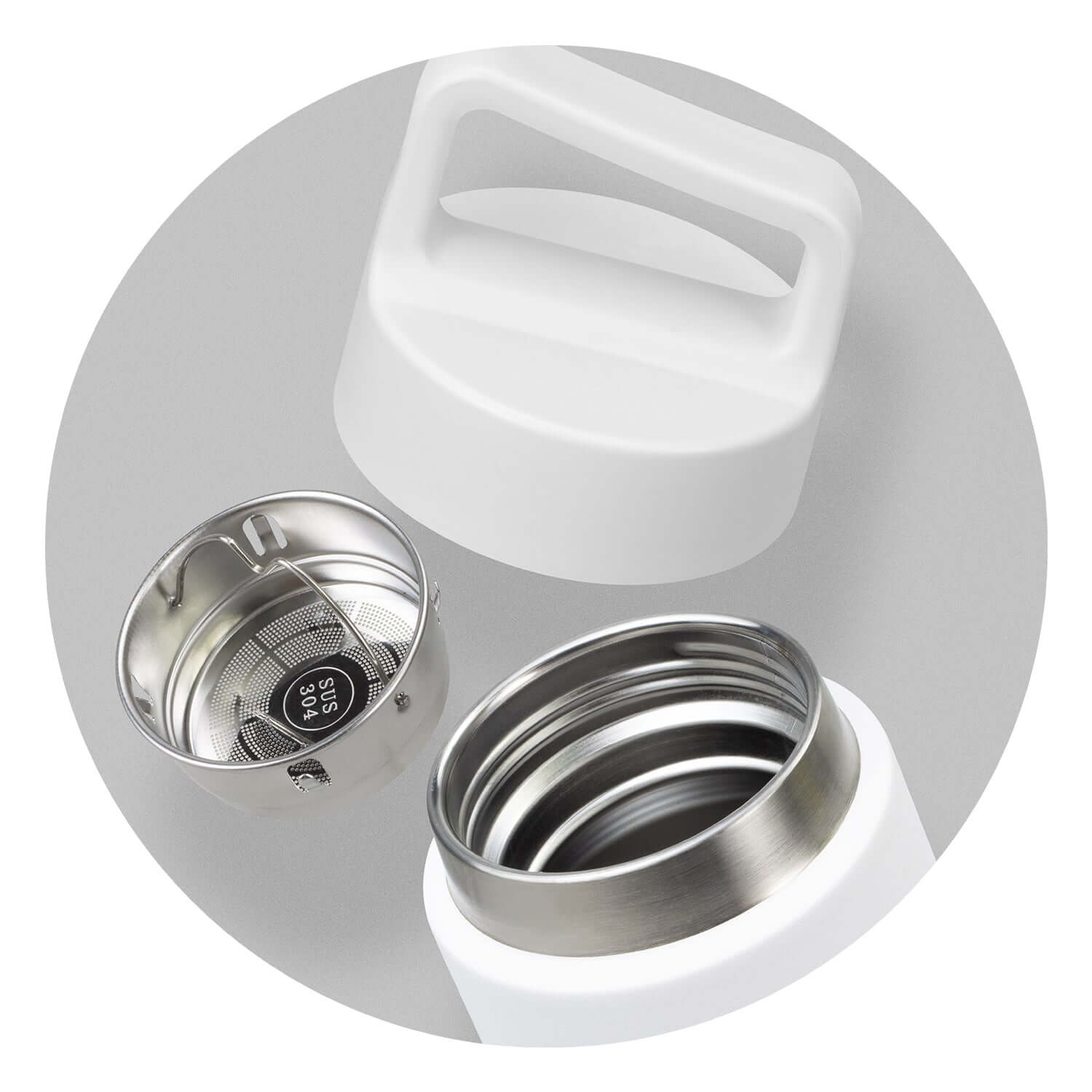 Mica Vacuum Bottle components showcasing the removable stainless steel tea infuser and lid for beverages.