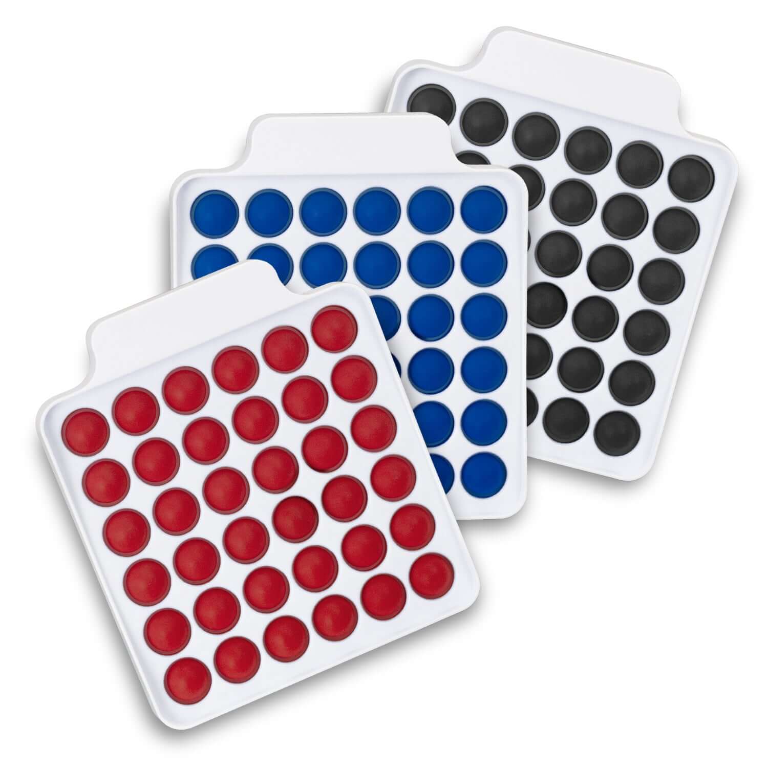 Fidget Popper Board Square in red, blue, and black, ideal for stress relief and corporate gift.