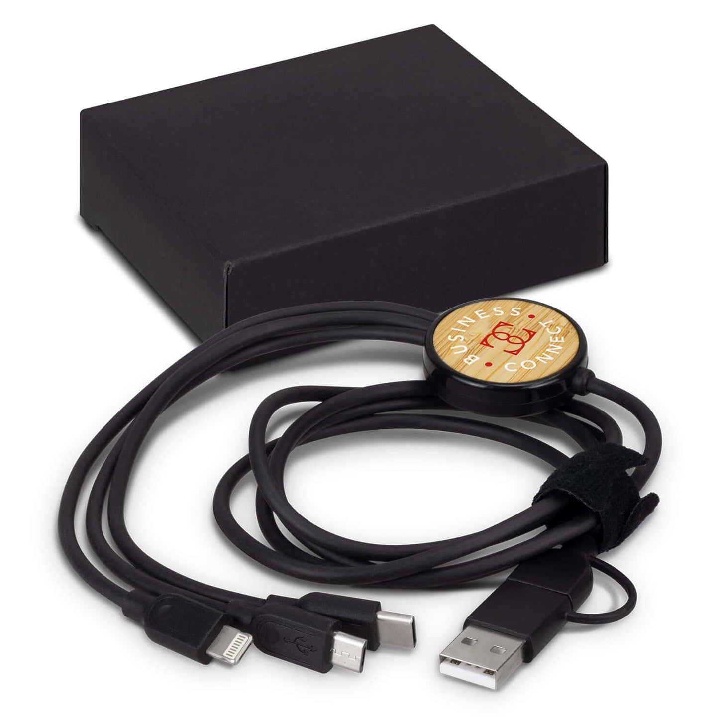 Bamboo Triple Connector Cable with natural bamboo panel and multiple connectors for corporate gifts.