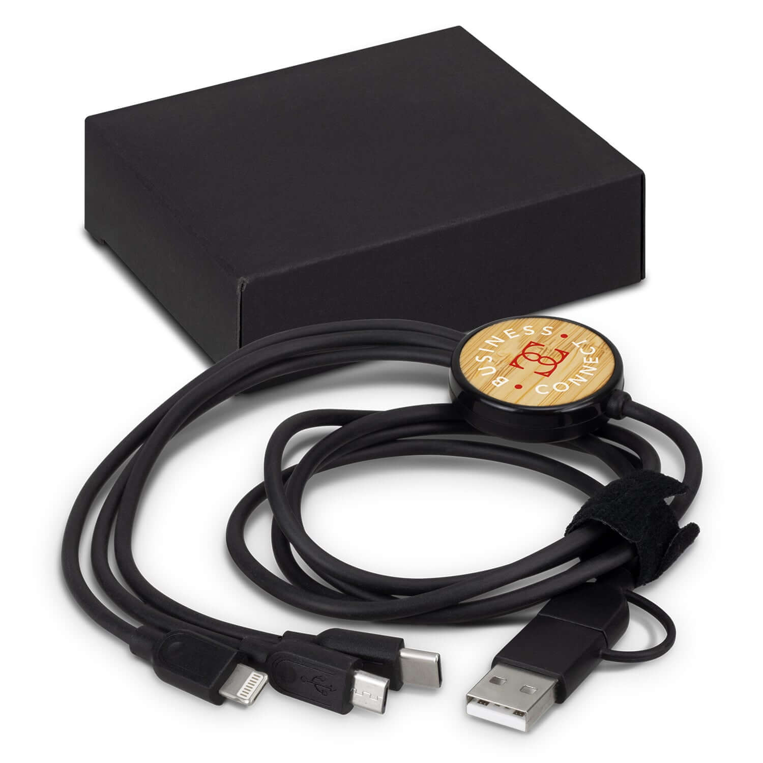 Bamboo Triple Connector Cable with natural bamboo panel and multiple connectors for corporate gifts.