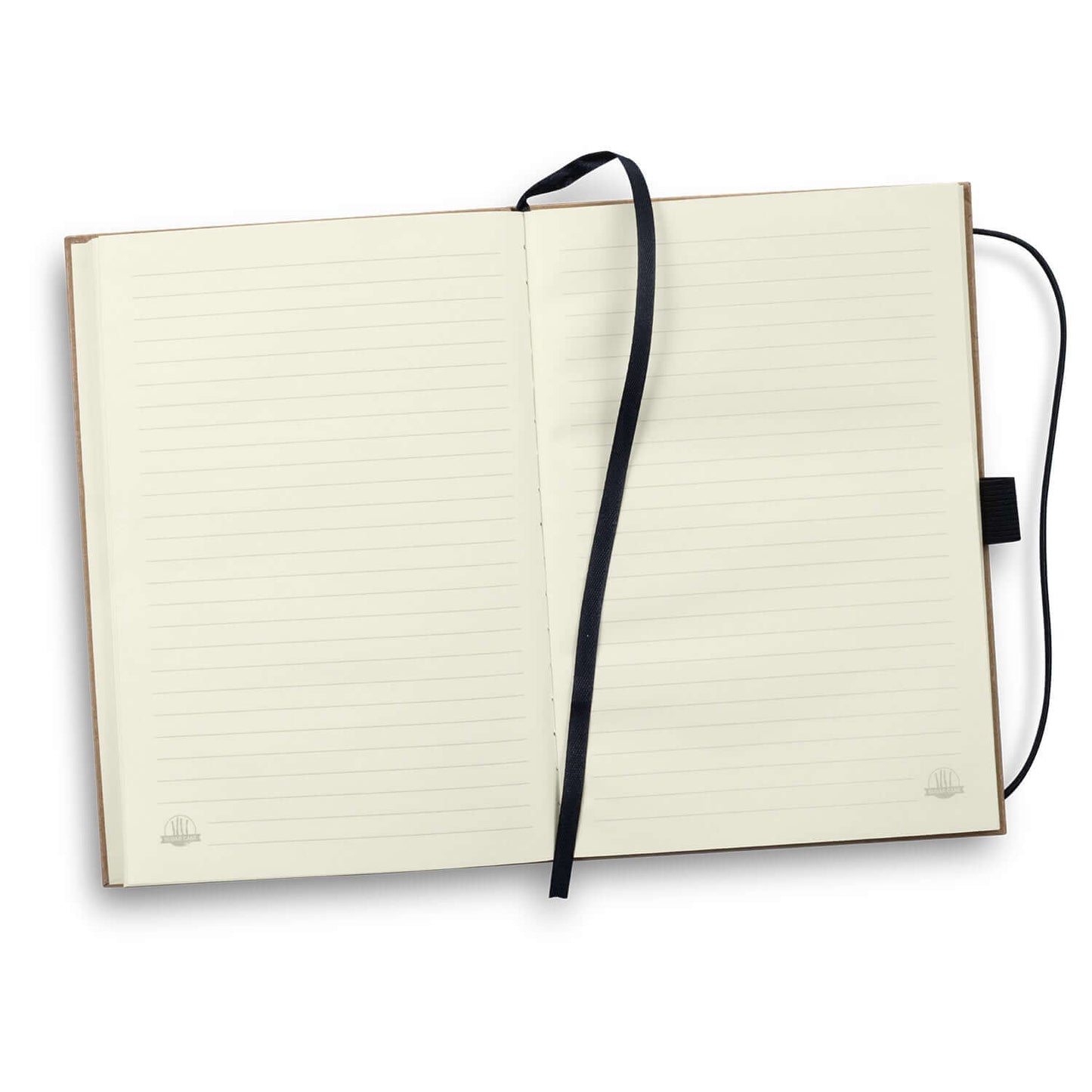 Open pages of the Sugarcane Paper Hard Cover Notebook featuring lined cream paper and a stylish black ribbon bookmark.