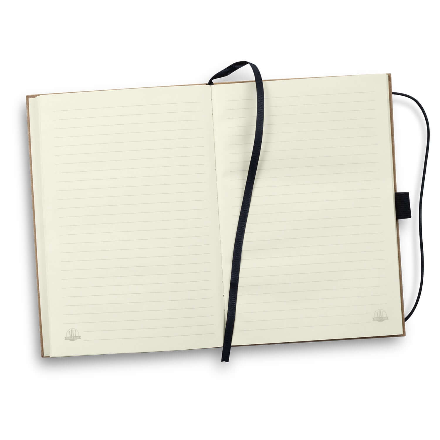 Open pages of the Sugarcane Paper Hard Cover Notebook featuring lined cream paper and a stylish black ribbon bookmark.
