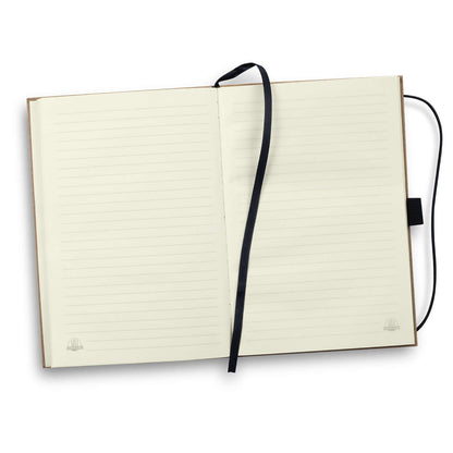 Open pages of the Sugarcane Paper Hard Cover Notebook featuring lined cream paper and a stylish black ribbon bookmark.