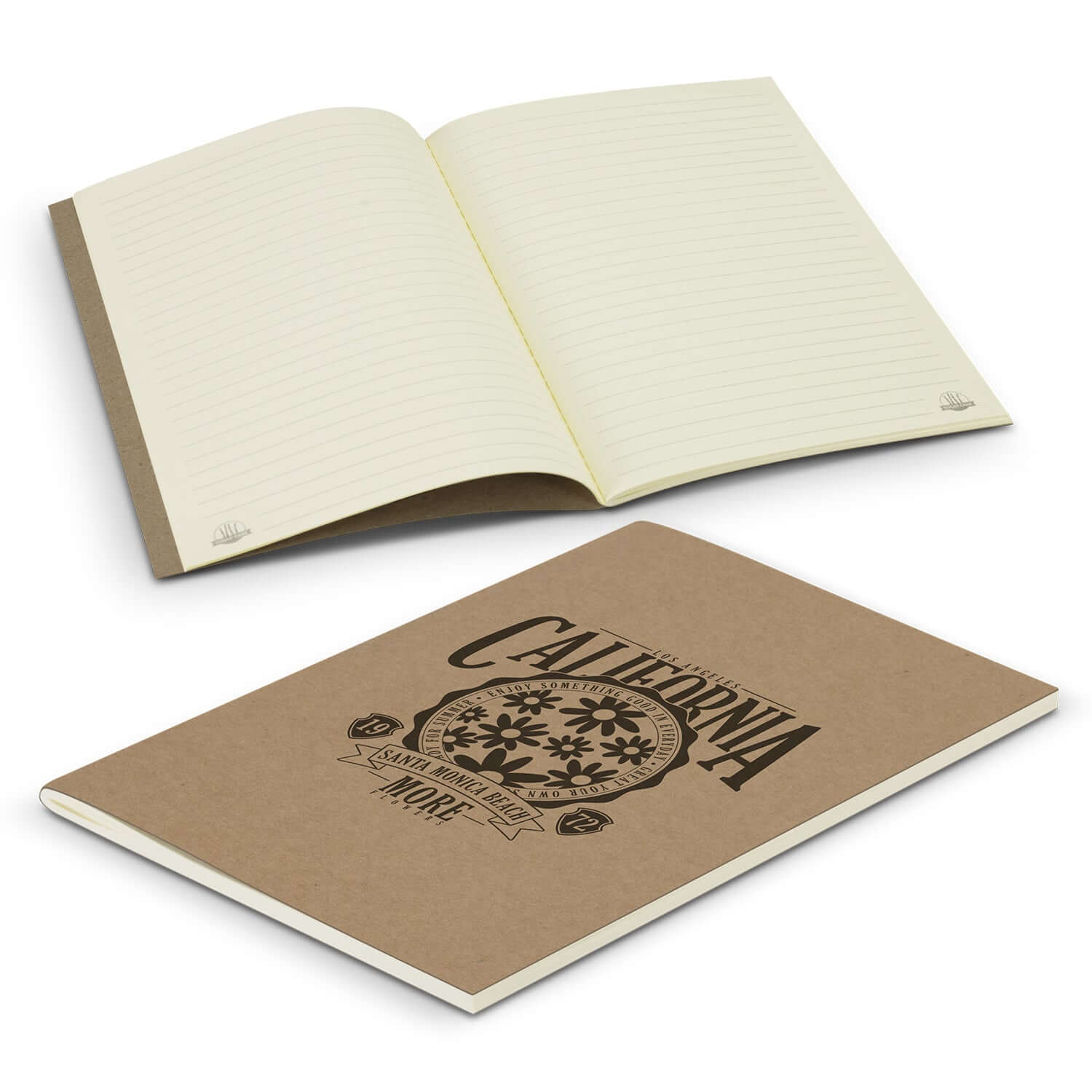 Sugarcane Paper Soft Cover Notebook open and closed showcasing lined cream pages and kraft cover design.