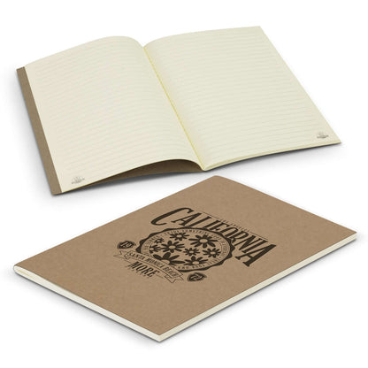 Sugarcane Paper Soft Cover Notebook open and closed showcasing lined cream pages and kraft cover design.