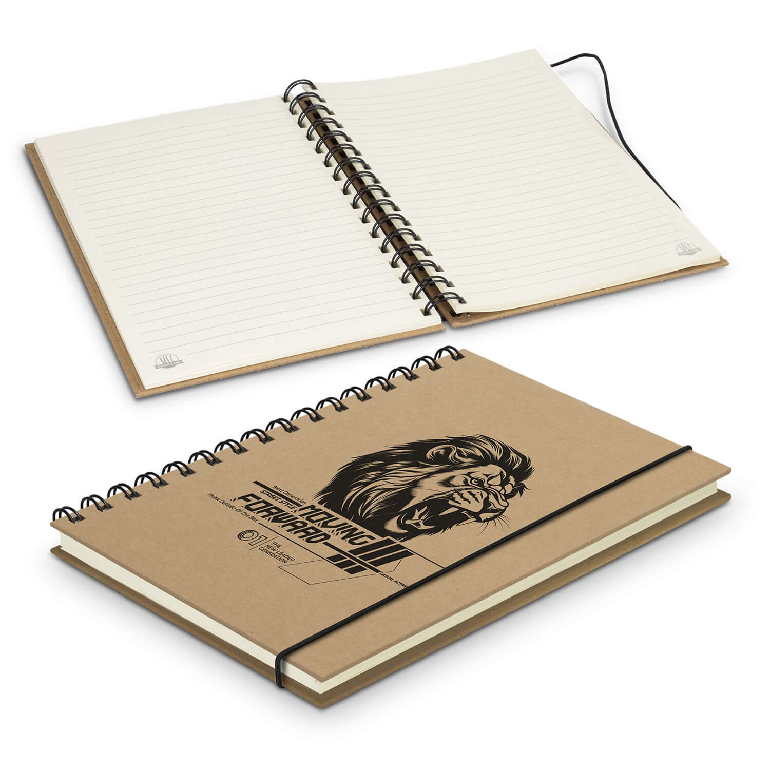 Sugarcane Paper Spiral Notebook with kraft cover and lined pages inside, showcasing eco-friendly design for corporate gifting.