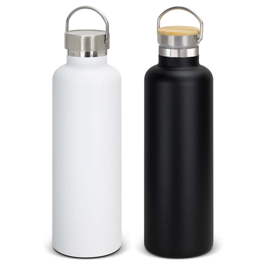 Nomad Deco Vacuum Bottle 1L in white and black with stainless steel lids, ideal corporate gift for hydration on-the-go.