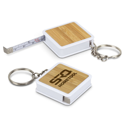 Bamboo Tape Measure Key Ring showcasing natural bamboo panel and keychain, ideal corporate gift.